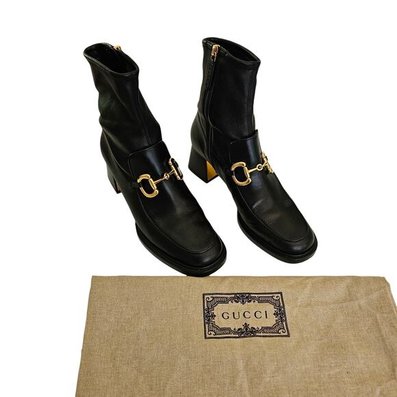 Gucci Baby Horsebit Sock Ankle Boot Size 39 US 9 Black Leather Block Heel Zip Up - Picture 9 of 11